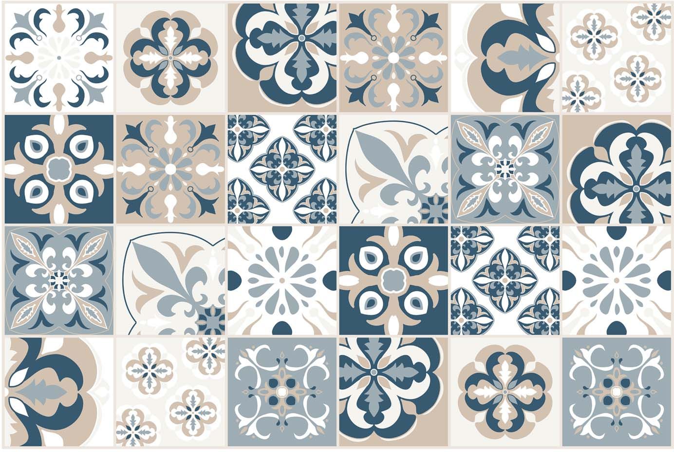 Tapis en vinyle effet carreaux de ciment mosaïque bleu beige (90 x 60 cm)