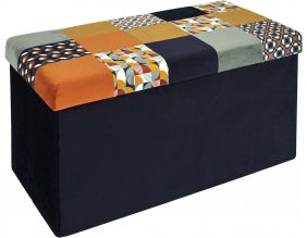 Banc coffre noir pliable couvercle à motifs (Patchwork orange)