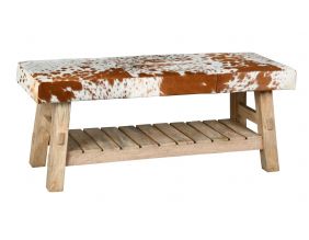 Banc avec étagère en bois recyclé et peau de vache