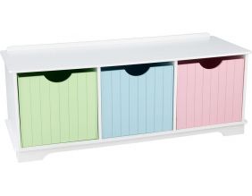Banc de rangement en bois avec tiroirs pastel