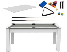 Billard convertible table 6 personnes Texas + plateaux dinatoires + pack accessoires Confort (Blanc laqué et gris (tapis))