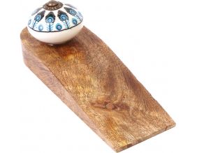 Bloc porte en bois de manguier avec bouton en grès Paon (Modèle 1)