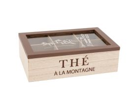 Boîte à thé en bois naturel avec décor montagne et couvercle en verre