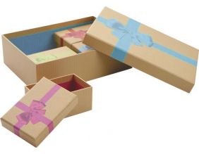 Boites de Noel avec noeud en carton (Lot de 5) (Beige bandeau bleu)