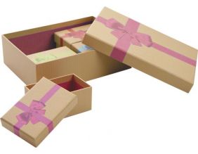Boites de Noel avec noeud en carton (Lot de 5) (Beige bandeau rose)