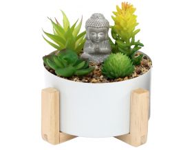 Bouddha avec plantes succulentes 16 x 14 cm (Blanc)