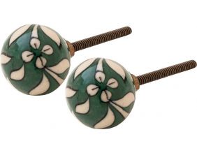 Boutons de porte en céramique verte motif fleurs (Lot de 2)
