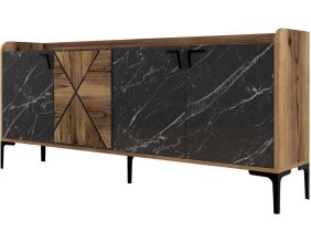 Buffet en aggloméré 4 portes Venedik (Noyer + marbre noir)