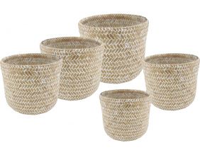 Cache pot rond en bambou patiné (Lot de 5) (Blanc)