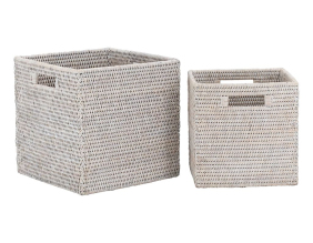Cache-pots carrés en rotin patiné blanc (lot de 2)
