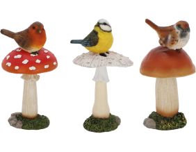 Champignons assortis avec oiseau en polyrésine (Lot de 3) (Taille L)