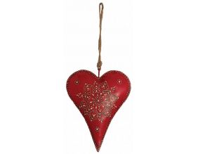 Coeur rouge en métal et corde à suspendre (20 cm)