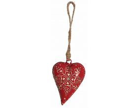 Coeur rouge en métal et corde à suspendre (8 cm)