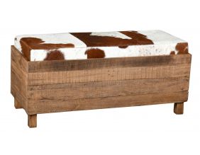 Coffre banquette en bois recyclé et peau de vache