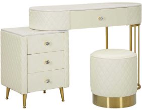 Coiffeuse effet matelassé avec tabouret Sharon (Blanc et doré)