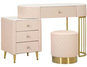 Coiffeuse effet matelassé avec tabouret Sharon (Rose et doré)