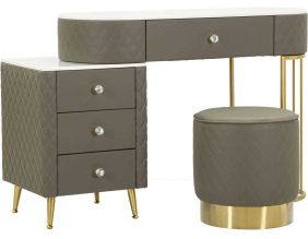 Coiffeuse effet matelassé avec tabouret Sharon (Gris et doré)