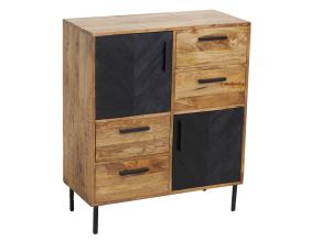 Commode en manguier naturel et teinté noir Damier (2 portes + 4 tiroirs)
