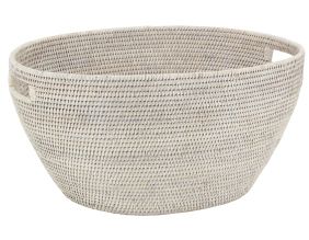 Corbeille à linge en rotin tressé patiné blanc