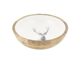 Corbeille ronde en manguier avec résine blanche décor Cerf