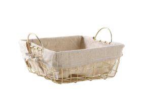 Corbeille carrée en métal doré avec anses et doublure en jute