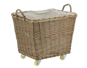 Corbeille à roulettes en osier avec doublure en jute (Rectangulaire)