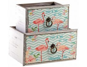 Corbeille tiroir en bois flamants roses (Lot de 2)