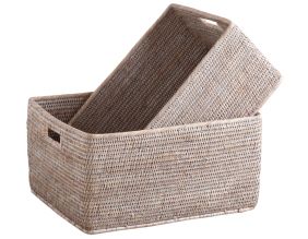 Corbeilles de rangement en rotin (Lot de 2) (Rotin patiné blanc)
