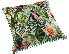 Coussin imprimé tropical avec pompons