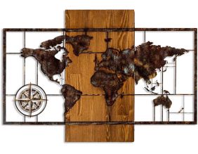 Décoration murale en bois et métal Mappemonde