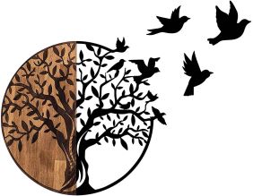 Décoration murale en bois et métal Arbre et oiseaux en vol