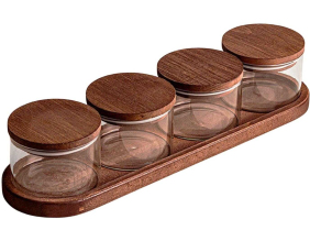Ensemble pots en verre avec couvercle et plateau bois (4 pots ronds - Doria)