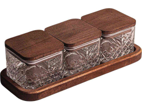 Ensemble pots en verre avec couvercle et plateau bois (3 pots carrés - Milla)