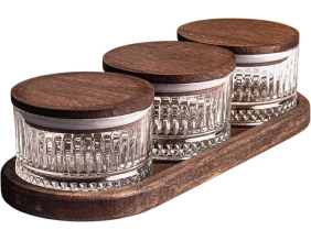 Ensemble pots en verre avec couvercle et plateau bois (3 pots ronds - Bella rond)