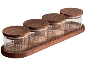 Ensemble pots en verre avec couvercle et plateau bois (4 pots ronds - Liny)