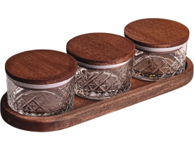 Ensemble pots en verre avec couvercle et plateau bois (3 pots ronds - Milla)