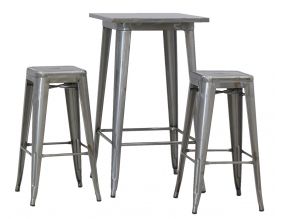 Ensemble table haute et tabourets en acier brossé