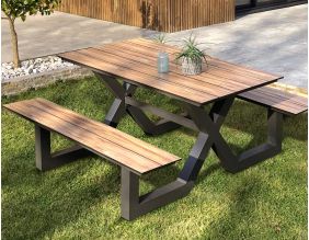 Ensemble table de jardin avec bancs en aluminium et HPL effet bois Vancouver (6 personnes)