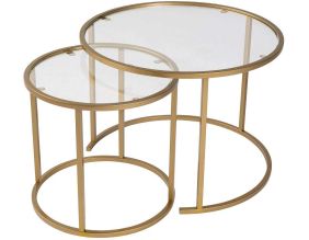 Ensemble de 2 tables gigognes rondes en métal et verre Aurum (Doré verre transparent)
