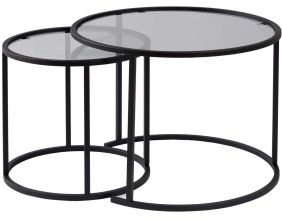Ensemble de 2 tables gigognes rondes en métal et verre Aurum (Noir avec verre gris)