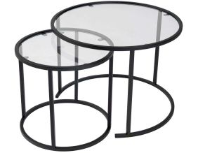 Ensemble de 2 tables gigognes rondes en métal et verre Aurum (Noir avec verre transparent)