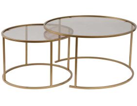 Ensemble de 2 tables gigognes rondes en métal et verre Auruma (Doré avec verre bronze)