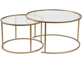 Ensemble de 2 tables gigognes rondes en métal et verre Auruma (Doré verre transparent)