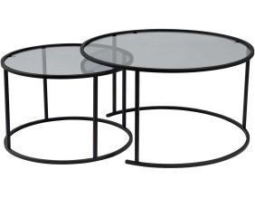 Ensemble de 2 tables gigognes rondes en métal et verre Auruma (Noir avec verre gris)
