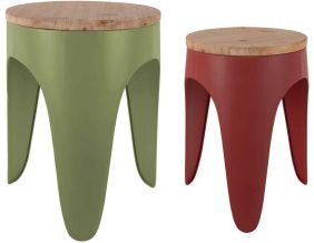 Ensemble de 2 tabourets Double Funky (Vert kaki et Rouge ocre)