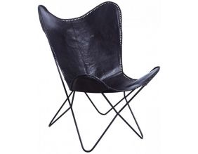 Fauteuil papillon en métal et cuir de buffle noir