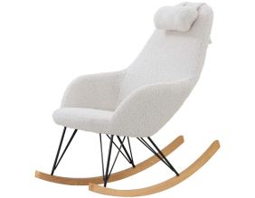 Fauteuil rocking-chair en tissu et bois Evy (Blanc effet laine mohair)