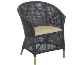 Fauteuil en résine noire et teck + coussin extérieur