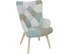 Fauteuil en tissu patchwork pieds en bois brut Alta (Bleu)