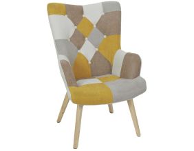 Fauteuil en tissu patchwork pieds en bois brut Alta (Jaune)